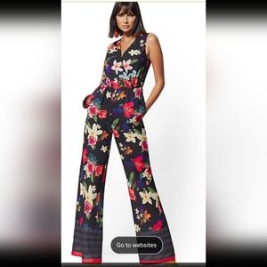 New York & Company Blue Floral Palazzo Pant Jumpsuit Size L